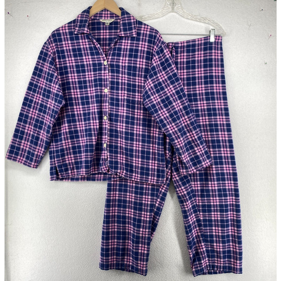 BONSOIR Pajama Set Womens M Flannel Brushed Cotton Plaid Shirt Pants Purple - Picture 1 of 14